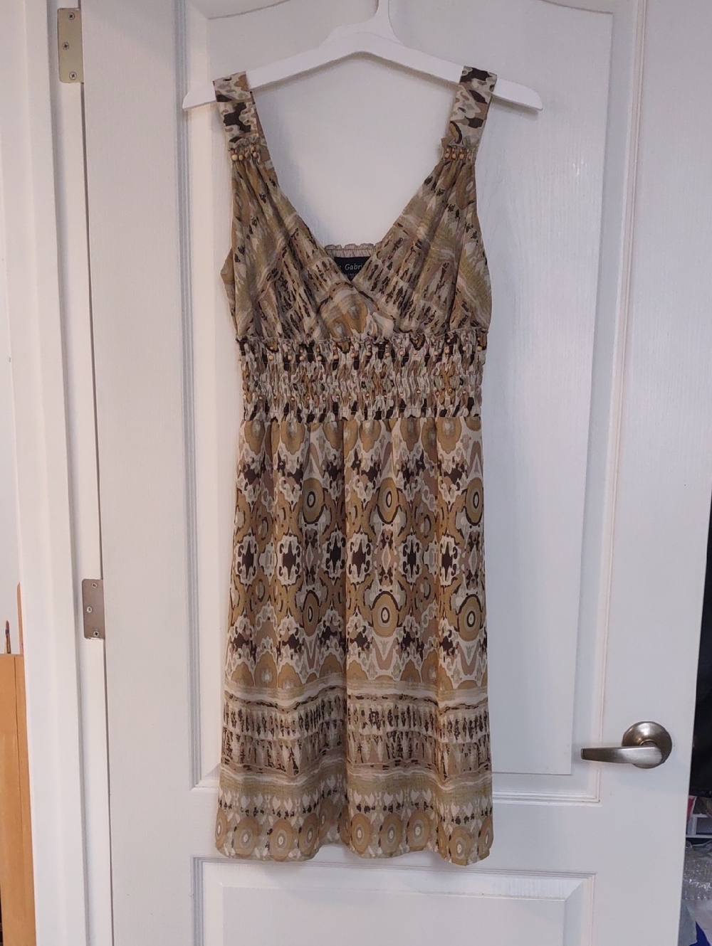 Ethnic Tribal Print Poly Crepe Dress in Earth Tones with Beaded Accents, Lined